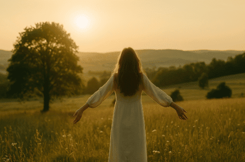 A woman in a white dress stands in a golden meadow at sunset with open arms, facing the horizon, embodying peace and quiet joy.
