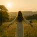 A woman in a white dress stands in a golden meadow at sunset with open arms, facing the horizon, embodying peace and quiet joy.