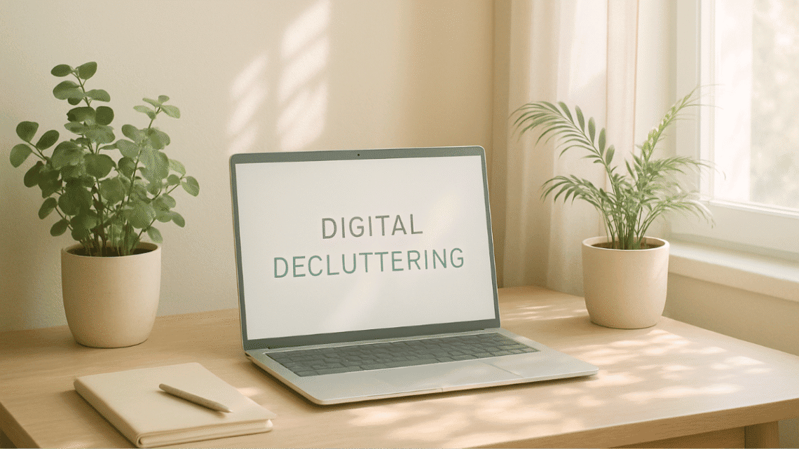 Minimalist workspace with soft natural light, soothing decor, and digital devices arranged neatly — representing a serene, clutter-free digital environment for mindful living.