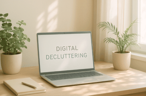 Minimalist workspace with soft natural light, soothing decor, and digital devices arranged neatly — representing a serene, clutter-free digital environment for mindful living.