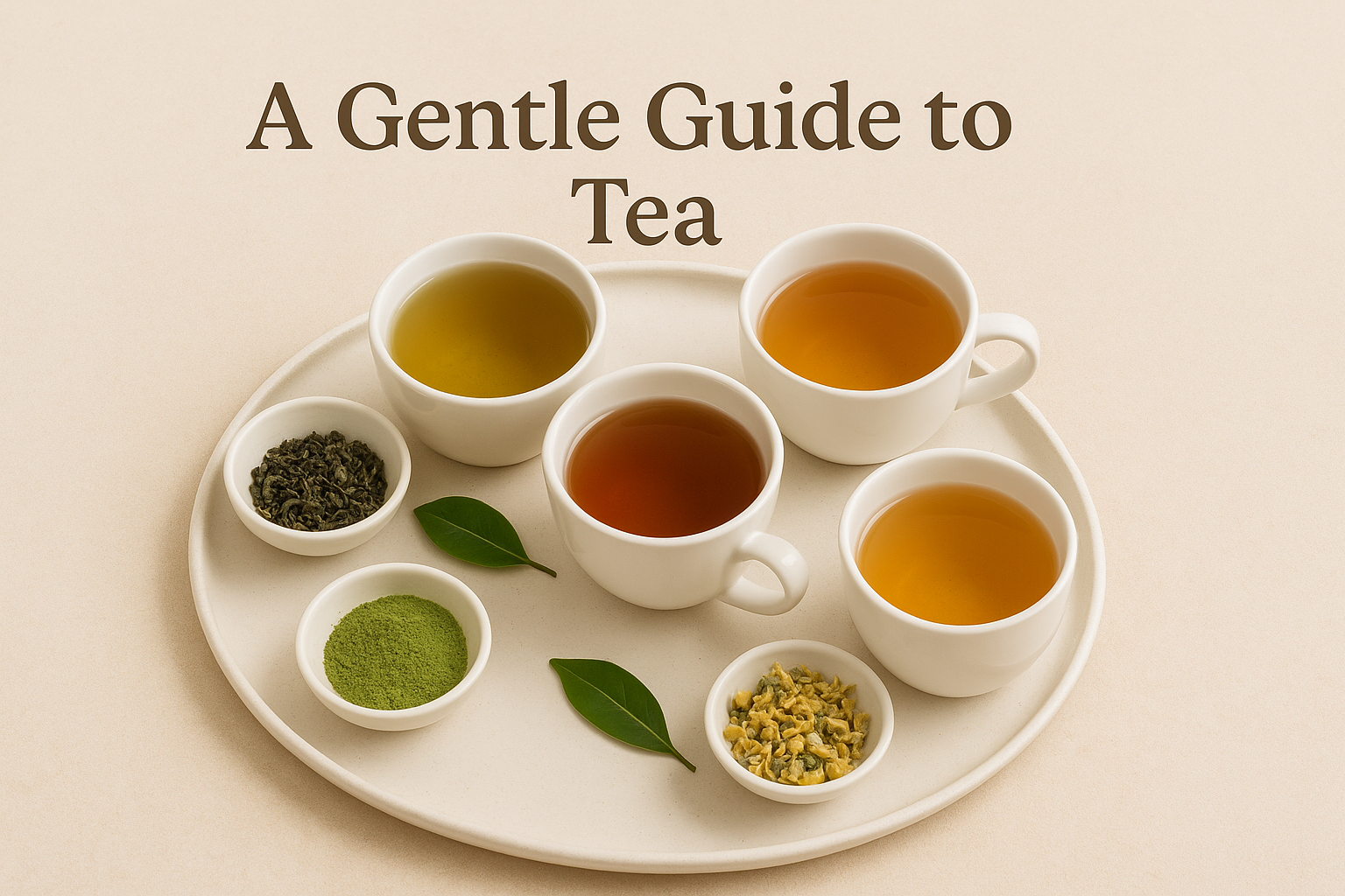 A platter with various types of tea, including green, black, white, and herbal teas, styled in an elegant and calming layout.