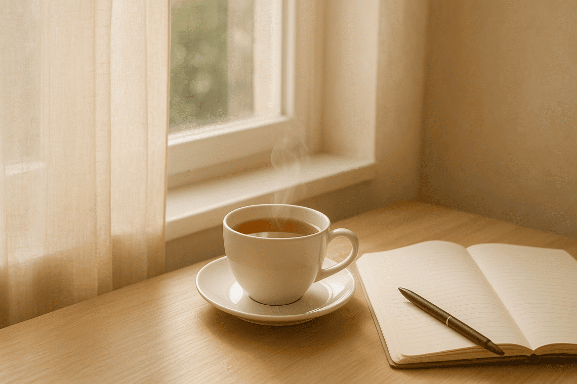 Herbal tea and open journal on a table by a sunlit window, evoking a peaceful morning mood.