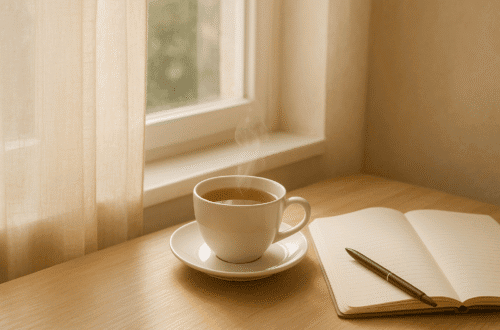 Herbal tea and open journal on a table by a sunlit window, evoking a peaceful morning mood.