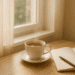 Herbal tea and open journal on a table by a sunlit window, evoking a peaceful morning mood.
