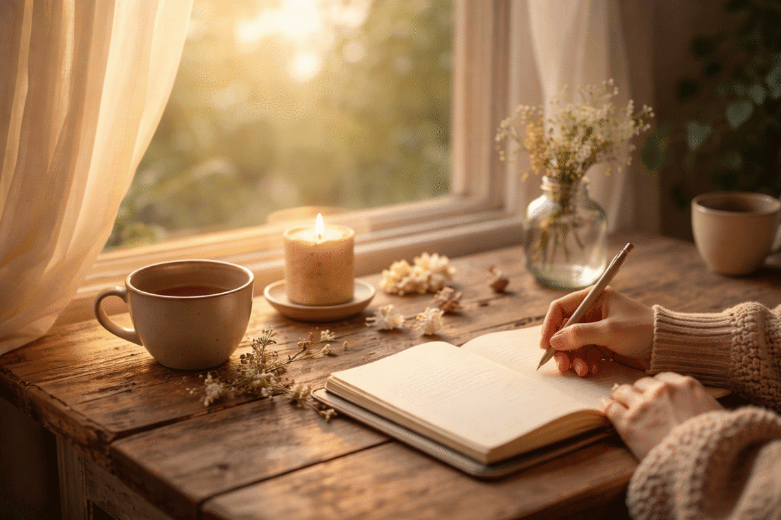 A serene morning scene of a woman journaling by a sunlit window with a cup of tea, candle, and flowers, reflecting slow living and gentle self-reinvention.