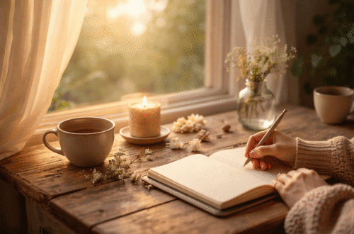 A serene morning scene of a woman journaling by a sunlit window with a cup of tea, candle, and flowers, reflecting slow living and gentle self-reinvention.