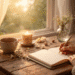 A serene morning scene of a woman journaling by a sunlit window with a cup of tea, candle, and flowers, reflecting slow living and gentle self-reinvention.