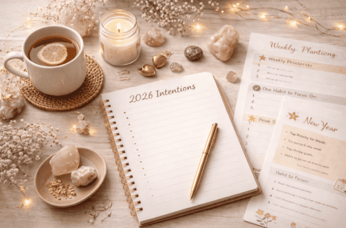 Calm flat lay of a notebook titled ‘2026 Intentions’ with tea, candle, crystals, and planning pages for new year reflection and intentional planning.