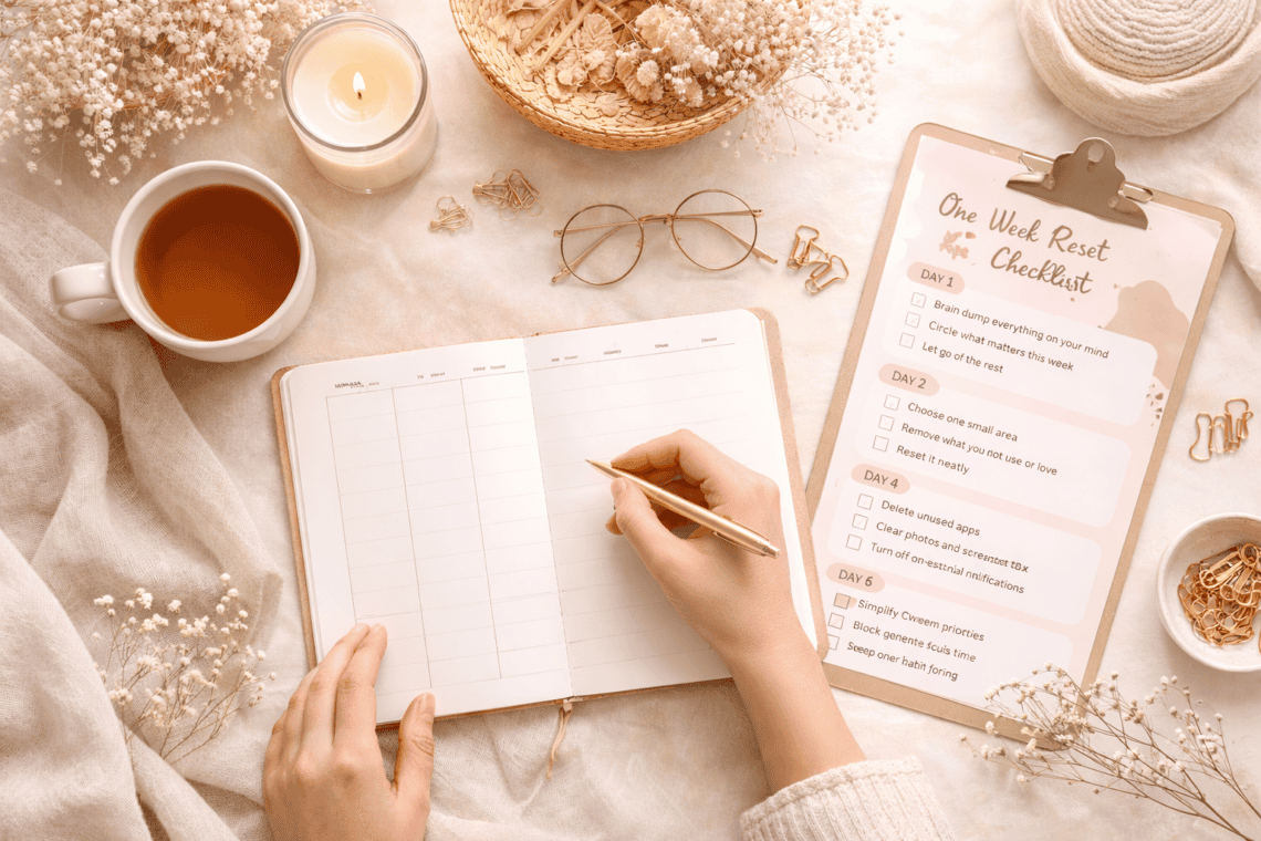 A calm workspace with a weekly planner and a one-week life reset checklist for organizing daily routines.