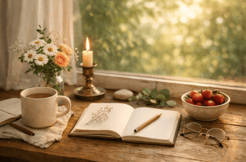 A serene windowsill scene with soft natural light, a cup of tea, an open book, and greenery, capturing small joys in daily life and a calm, slow living atmosphere.