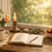 A serene windowsill scene with soft natural light, a cup of tea, an open book, and greenery, capturing small joys in daily life and a calm, slow living atmosphere.