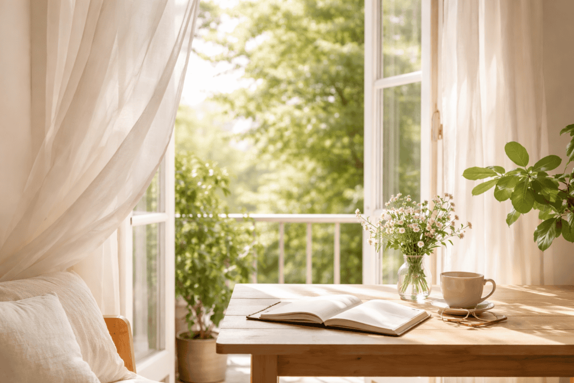 Bright sunlit space with open window and gentle curtains, representing slow living and choosing better