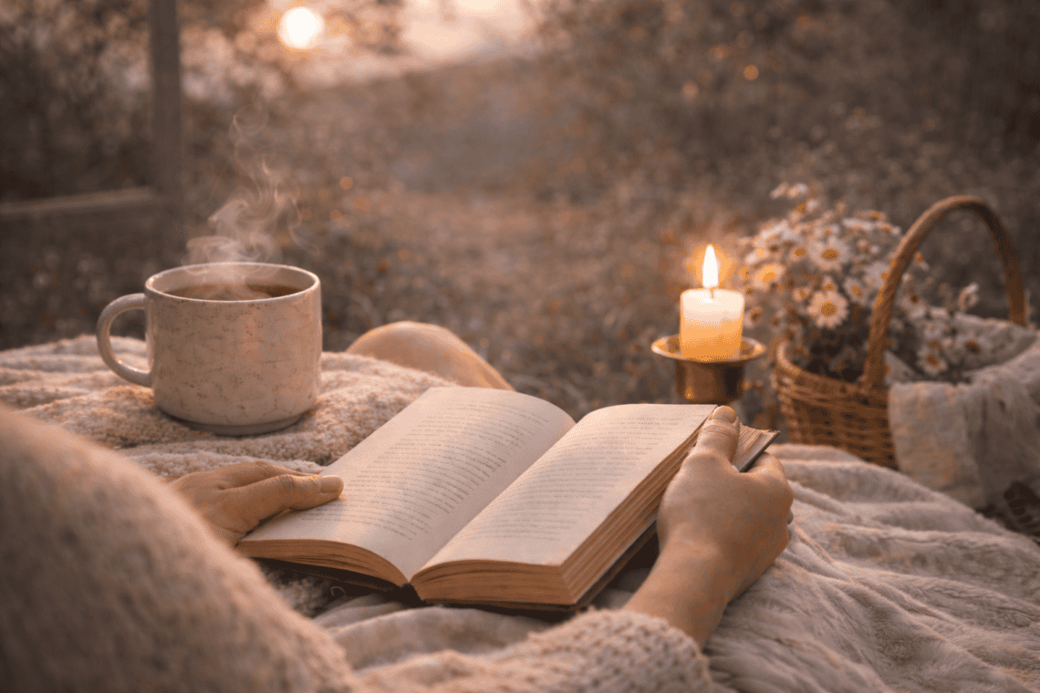 A serene evening scene with warm lighting, tea, and a book, representing easy hobbies for calm evenings and a peaceful, screen-free night routine.