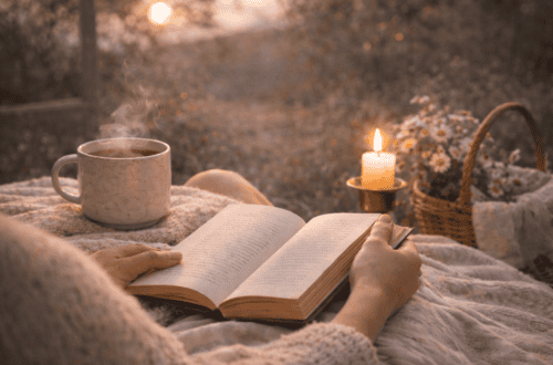 A serene evening scene with warm lighting, tea, and a book, representing easy hobbies for calm evenings and a peaceful, screen-free night routine.
