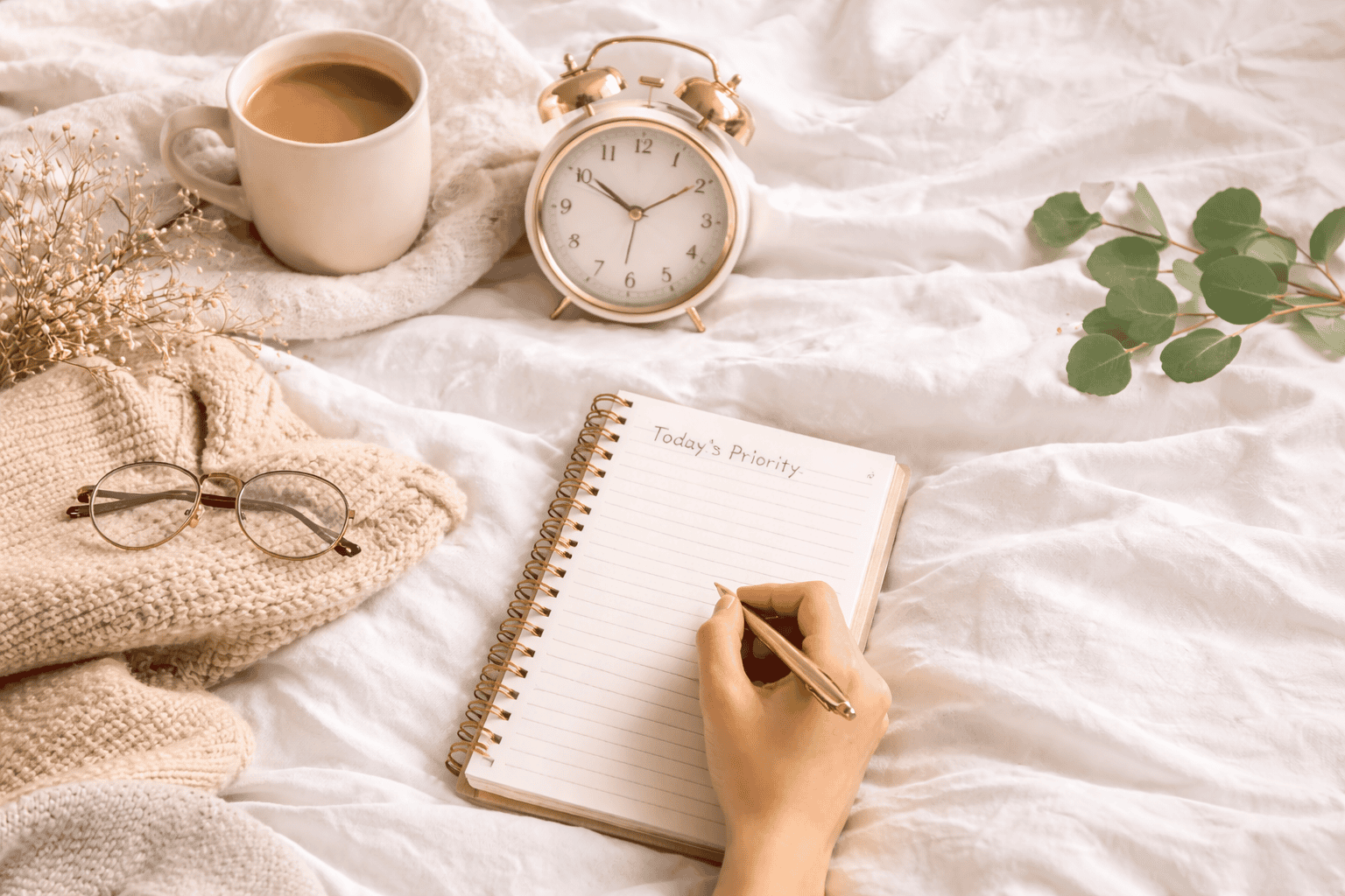Woman writing in a notebook beside coffee and alarm clock during a calm 5 minute morning routine before work.