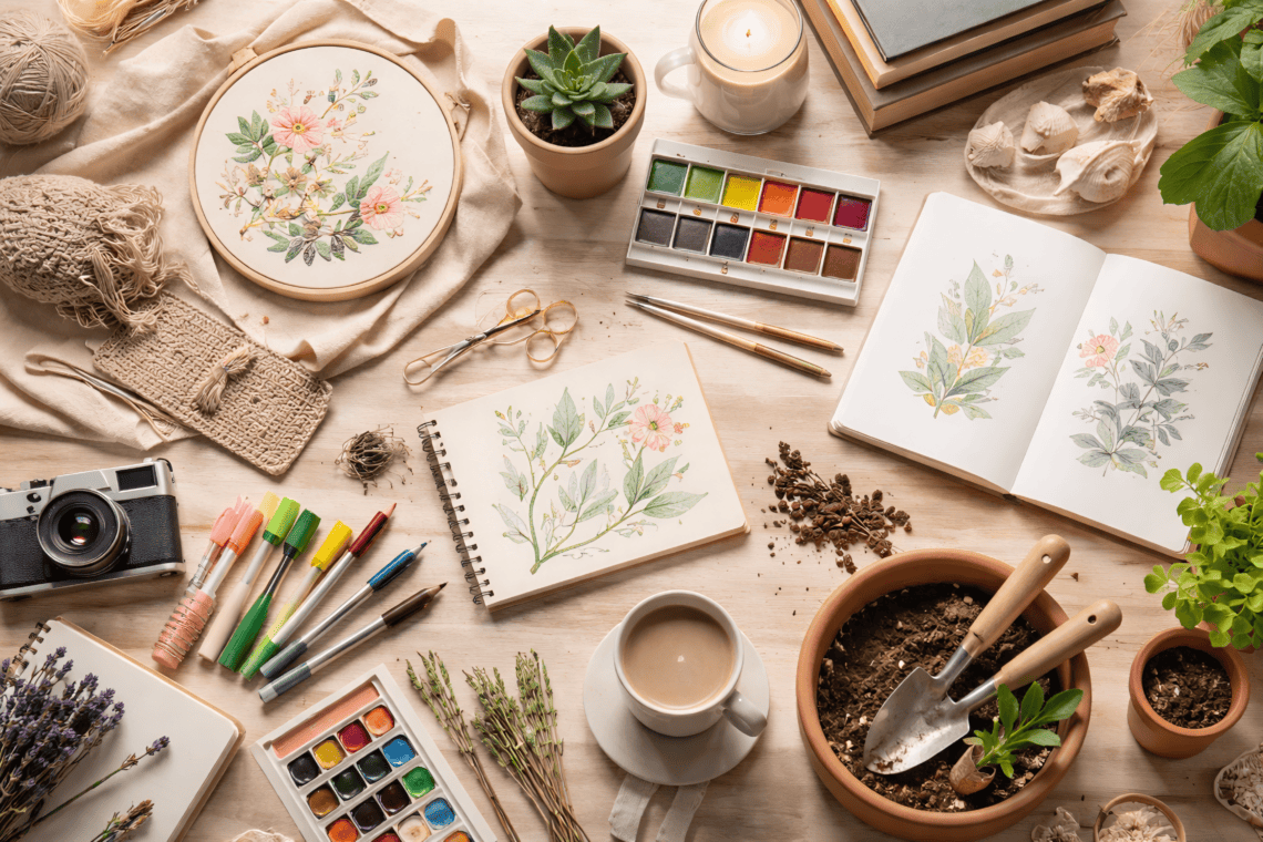 Flat lay of beginner hobbies for adults featuring watercolor supplies, crochet yarn, journaling notebook, indoor herb gardening tools, and cozy creative hobby items on a wooden table.