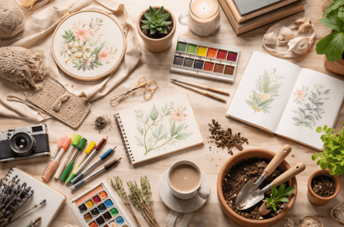 Flat lay of beginner hobbies for adults featuring watercolor supplies, crochet yarn, journaling notebook, indoor herb gardening tools, and cozy creative hobby items on a wooden table.
