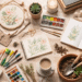 Flat lay of beginner hobbies for adults featuring watercolor supplies, crochet yarn, journaling notebook, indoor herb gardening tools, and cozy creative hobby items on a wooden table.