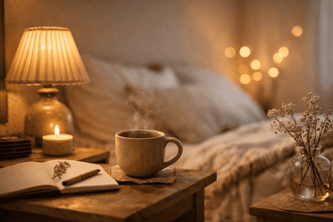 A cozy evening bedroom scene with warm lamp light, a candle, and herbal tea on a bedside table, creating a gentle evening routine for better sleep.