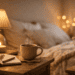 A cozy evening bedroom scene with warm lamp light, a candle, and herbal tea on a bedside table, creating a gentle evening routine for better sleep.