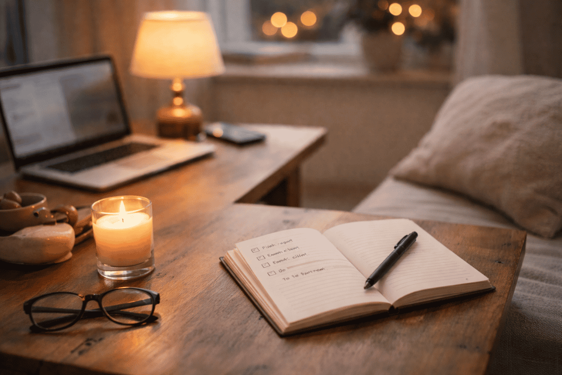 Cozy evening desk setup with notebook, candle and laptop, representing how to switch off after work and stop thinking about work at night.