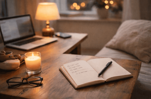Cozy evening desk setup with notebook, candle and laptop, representing how to switch off after work and stop thinking about work at night.