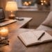 Cozy evening desk setup with notebook, candle and laptop, representing how to switch off after work and stop thinking about work at night.