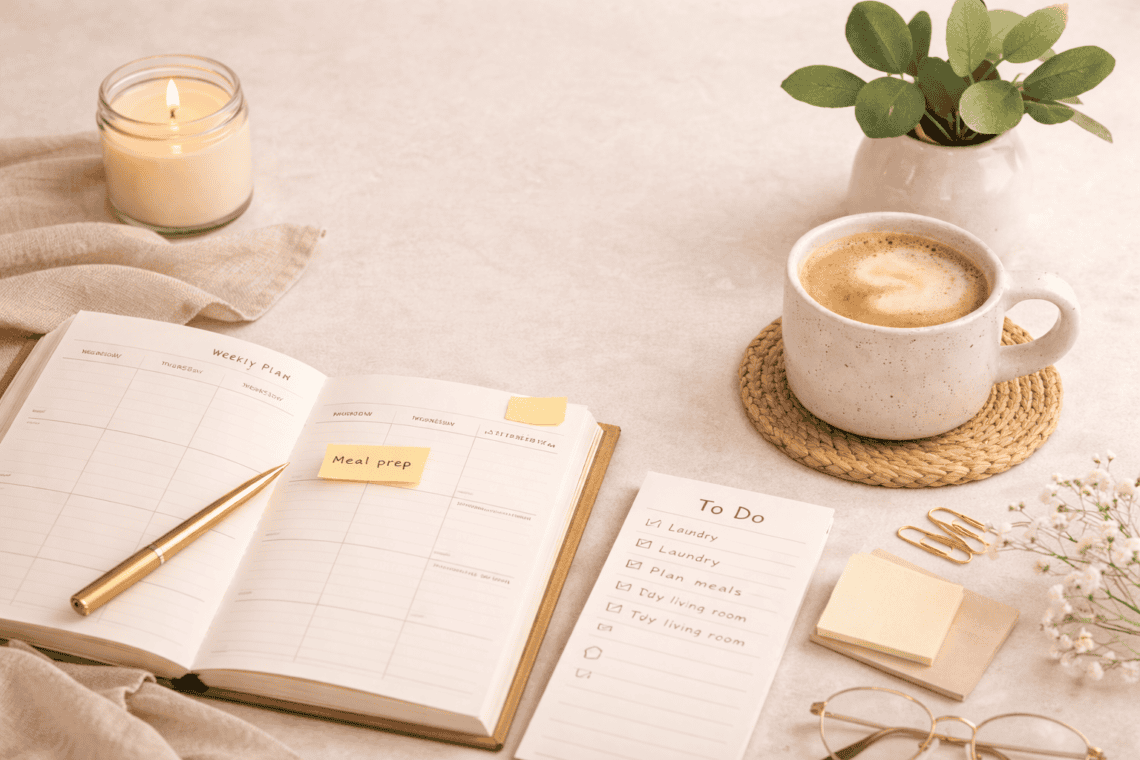 Open weekly planner with notes and coffee on a desk showing a Sunday reset routine for busy professionals preparing for the week.