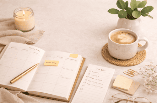 Open weekly planner with notes and coffee on a desk showing a Sunday reset routine for busy professionals preparing for the week.