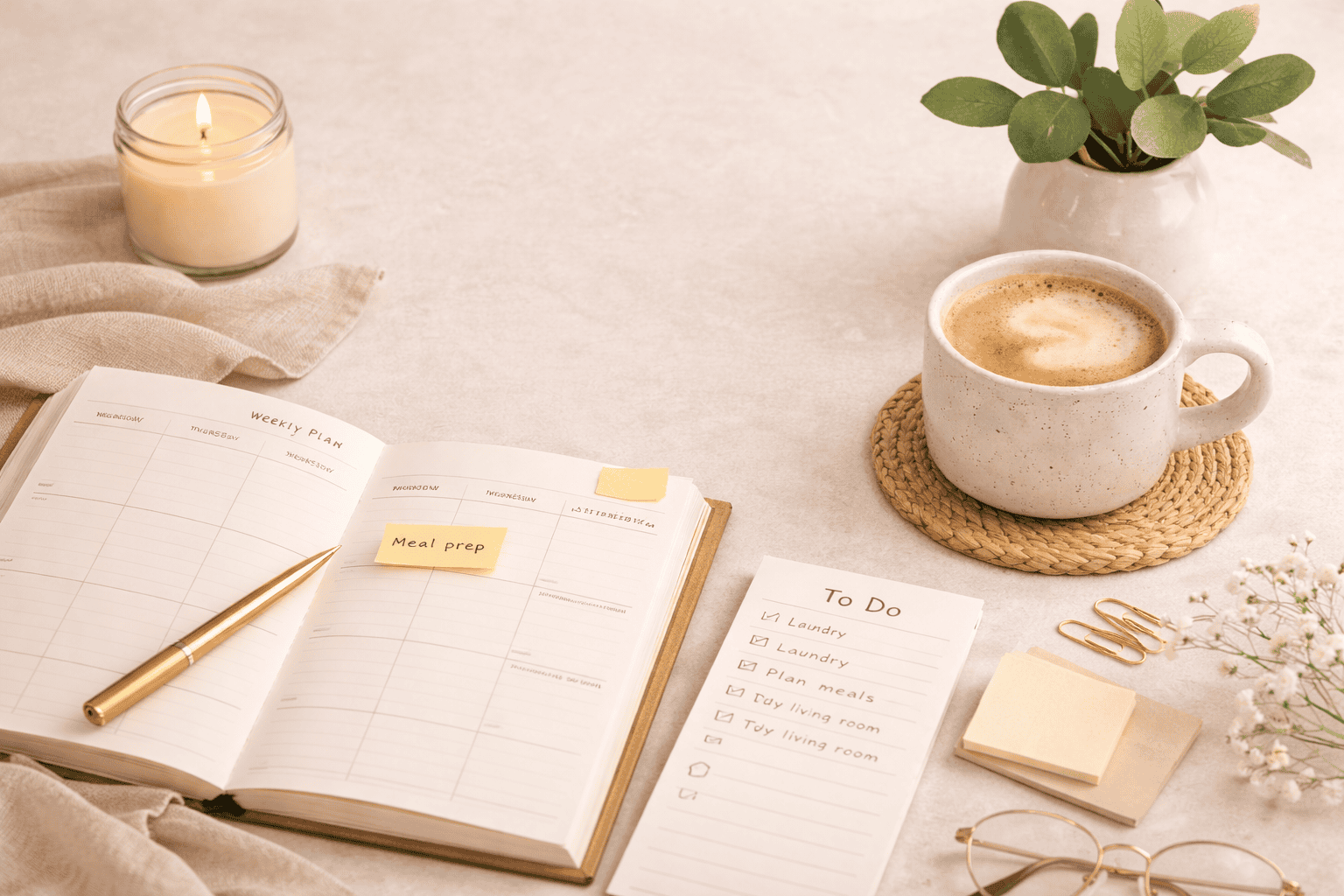 Open weekly planner with notes and coffee on a desk showing a Sunday reset routine for busy professionals preparing for the week.