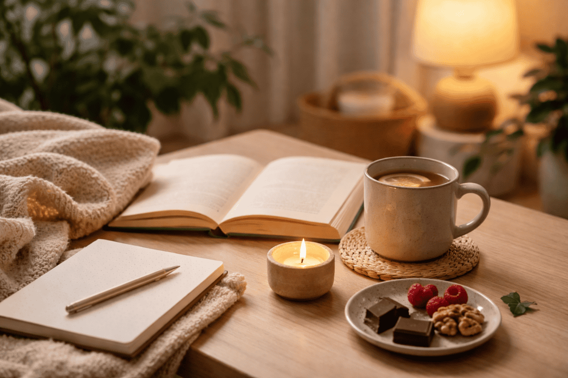 Cozy screen-free evening setup with a book, journal, candle and tea creating a calm night routine without phone use