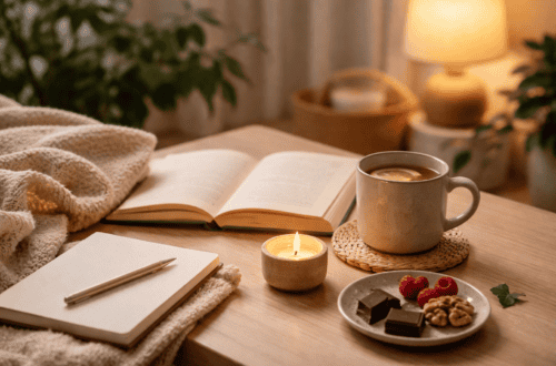 Cozy screen-free evening setup with a book, journal, candle and tea creating a calm night routine without phone use
