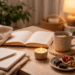 Cozy screen-free evening setup with a book, journal, candle and tea creating a calm night routine without phone use