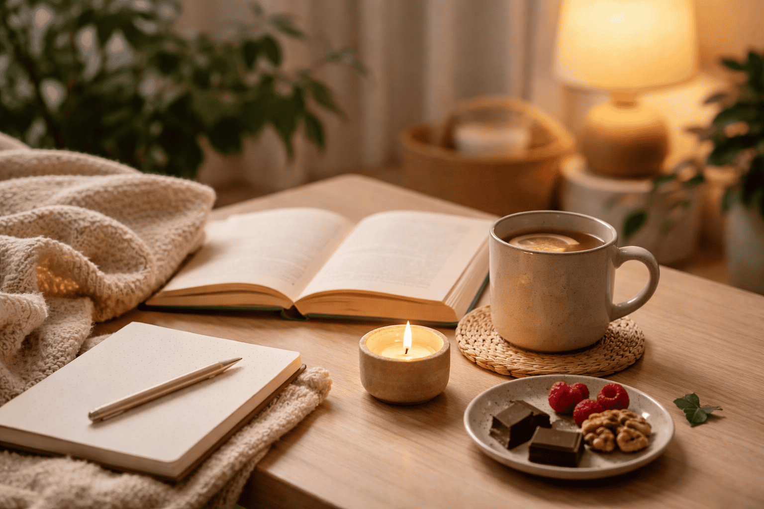 Cozy screen-free evening setup with a book, journal, candle and tea creating a calm night routine without phone use