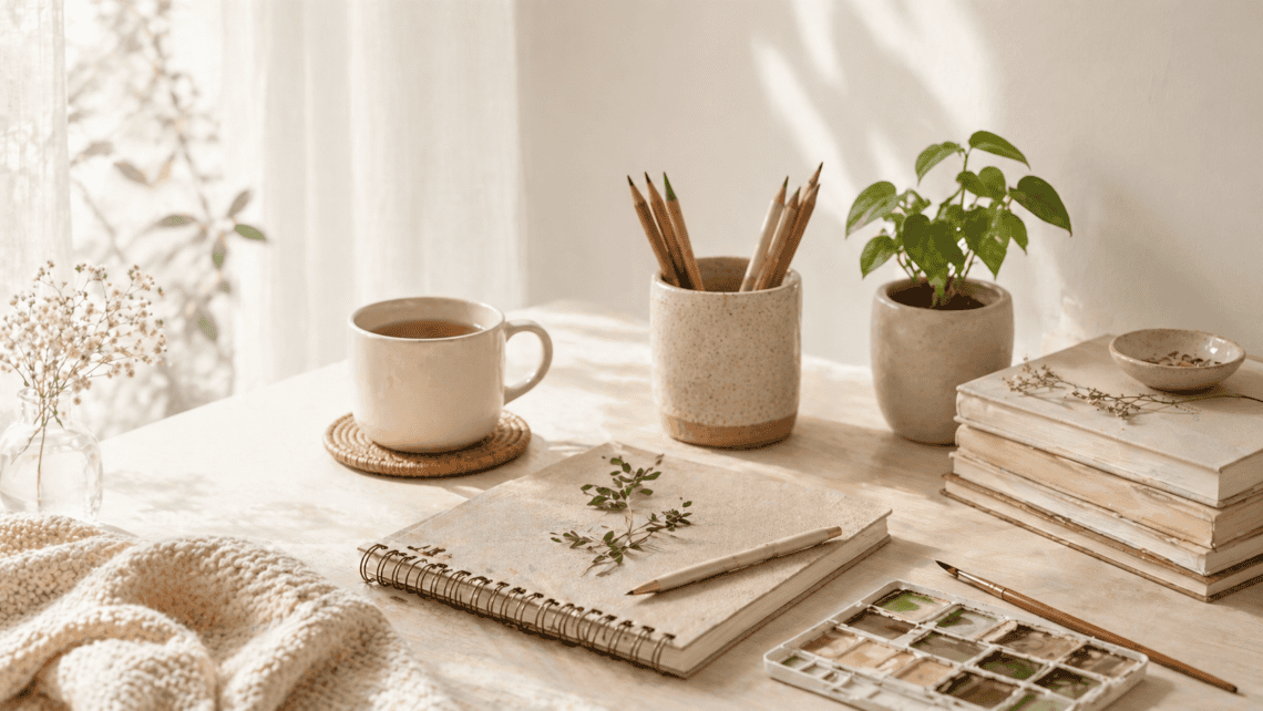 Bright minimalist workspace with a notebook, tea, plants, and art supplies in natural light, representing low budget hobbies to try without commitment.