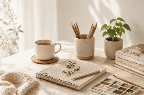 Bright minimalist workspace with a notebook, tea, plants, and art supplies in natural light, representing low budget hobbies to try without commitment.