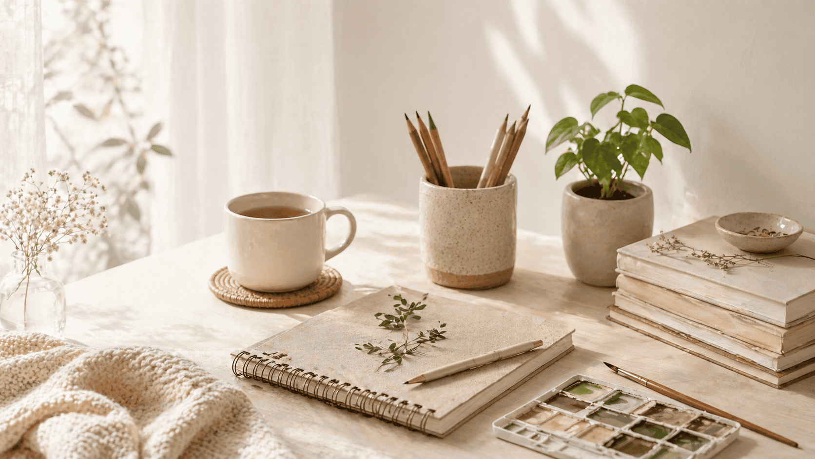 Bright minimalist workspace with a notebook, tea, plants, and art supplies in natural light, representing low budget hobbies to try without commitment.